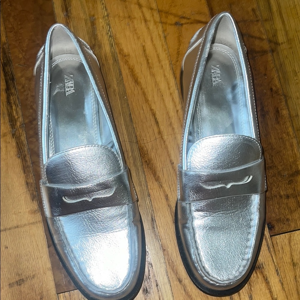 Zara Metallic Silver Loafers